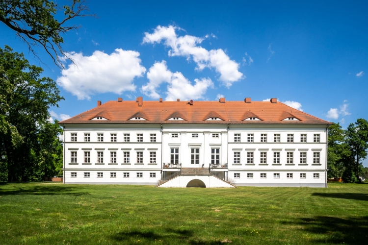 Parkseite mit Terrasse und zweiläufiger Treppe